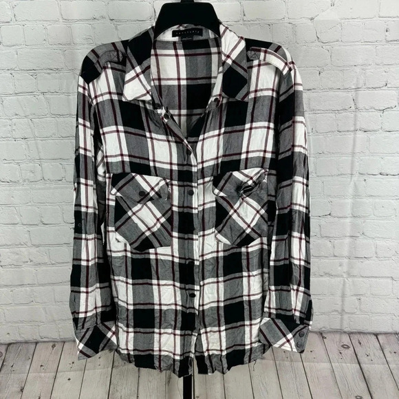 Sanctuary Black White Red Plaid Flannel Button Up Size Large - Picture 1 of 8